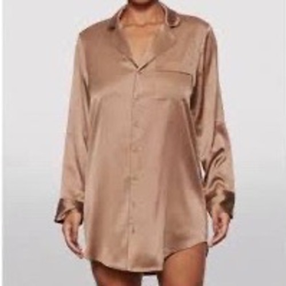 SKIMS Silk Sleep Button Up Night Dress Shirt Womens L Sienna Long Sleeve Cozy